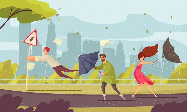 Rysunek trzech osób z parasolami zmagajacych się z silnym wiatrem. Zródło: www.freepik.com