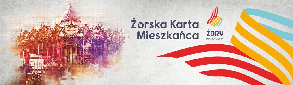 Grafika z napisem Żorska Karta Mieszkańca, logo Miasta Żory i wizerunkiem Karuzeli Żorzanki