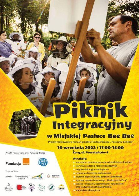 Plakat z wizerunkiem pszczelarza prowadzącego warsztaty dla dzieci. Dodatkowo informacje o Pikniku zawarte w tekście - wersja w języku polskim. 