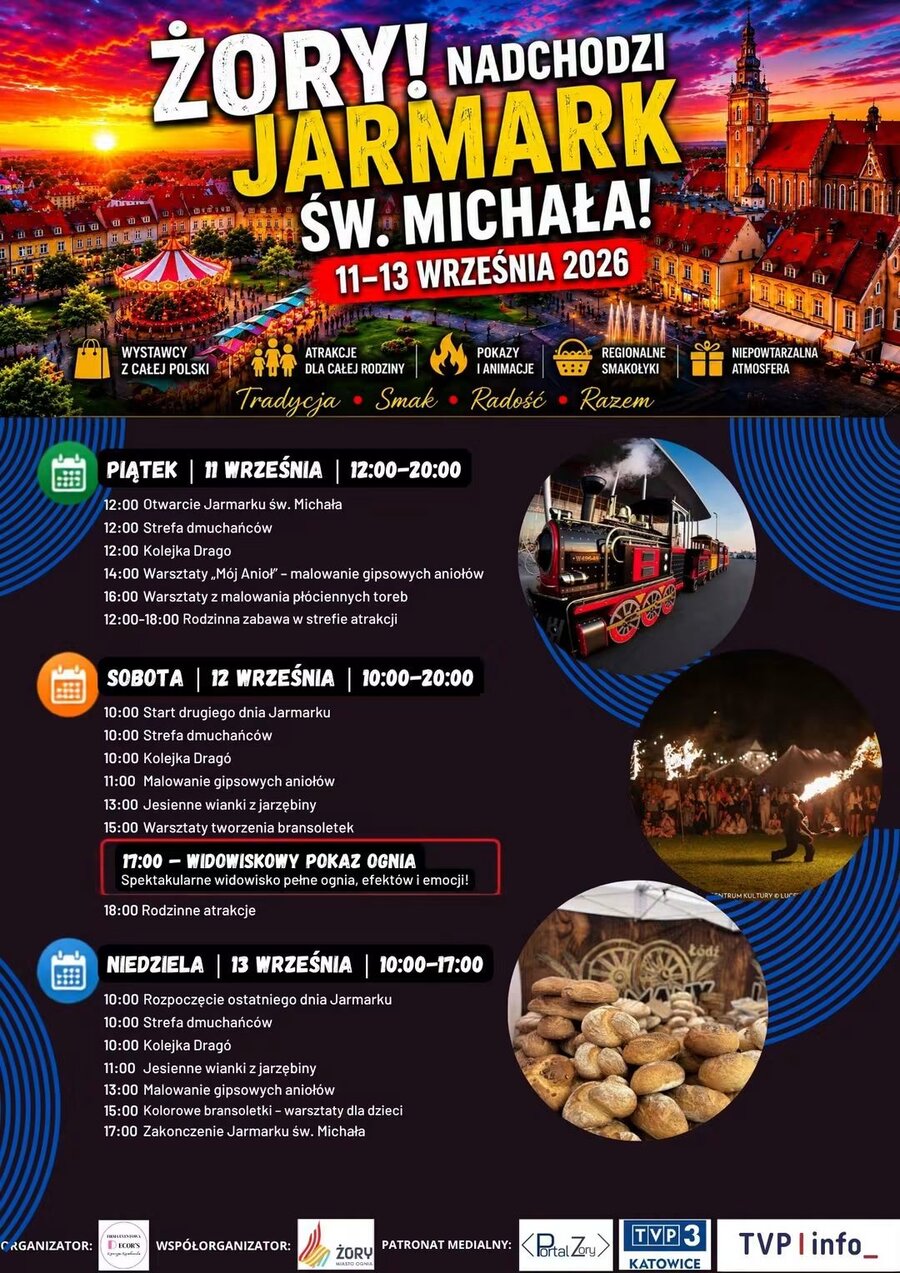 Plakat Jarmarku św. Michała w Żorach, który odbędzie się 11–13 września 2026 r., z programem rodzinnych atrakcji, warsztatów, pokazów i stoisk regionalnych.