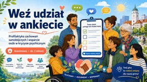 Ilustracja zachęcająca do udziału w krótkiej ankiecie dotyczącej zdrowia psychicznego i wsparcia osób w kryzysie.