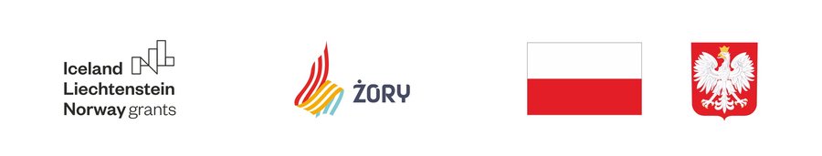 Pasek logotypów, od lewej: logotypu EOG, Miasto Żory, flaga RP, godło RP. 