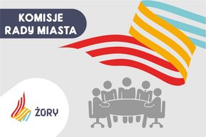Grafika ilustracyjna z napisem Komisje Rady Miasta oraz logiem miasta Żory, a także 5 postaciami siedzącymi przy okrągłym stole 