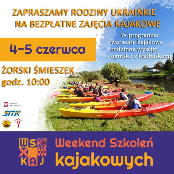 Plakat przedstawia kajaki oraz informacje zawarte w tekście