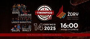 Plakat promujący 10. edycję Twinpigs Country Festival w Żorach, zaplanowaną na 14 czerwca 2025 r. od godz. 16:00. Wstęp bezpłatny. Wystąpią: Manson Band, Caroline & The Lucky Ones, Mad Dog Wally, Drops, Ladies Banditos. W tle westernowy kapelusz i logo Żor – Miasta Ognia.