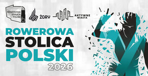 Grafika promująca wyniki Rowerowej Stolicy Polski 2026. Na jasnym tle widoczne są logotypy Rowerowej Stolicy Polski, Miasta Żory i aplikacji Aktywne Miasta. Po prawej stronie znajduje się stylizowana sylwetka rowerzysty z uniesioną ręką w geście zwycięstwa.