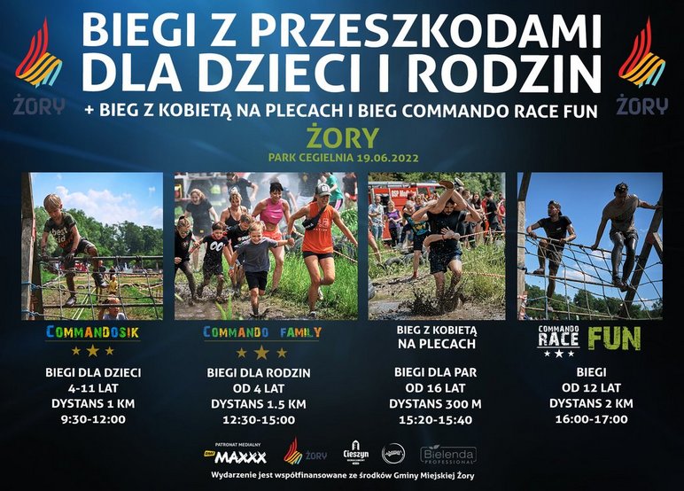 Plakat promujący Bieg z przeszkodami dla dzieci i rodzin Commando Race. Na plakacie zdjęcia dzieci i rodzin pokonujących przeszkody oraz plan godzinowy imprezy. 