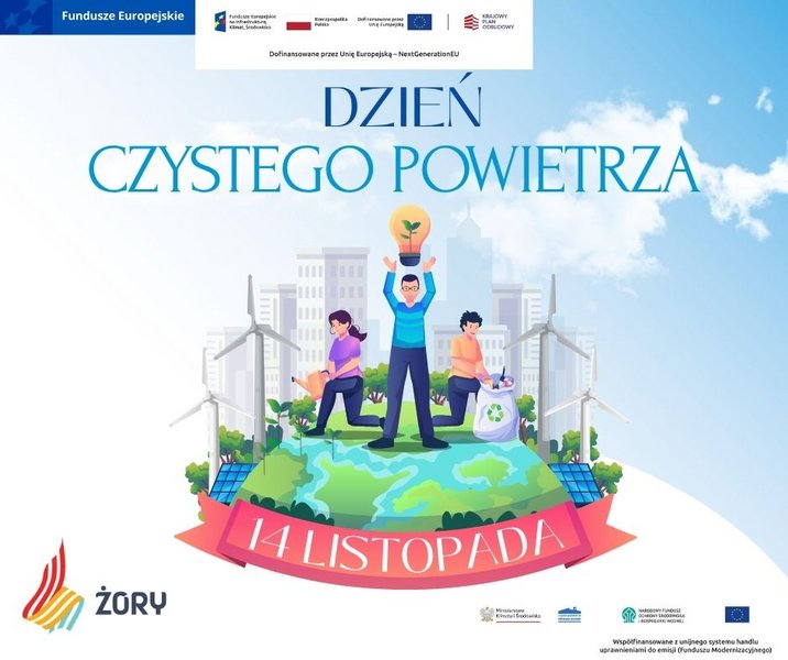 Grafika przedstawia ludzi na tle miasta i czystego nieba