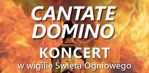 Plakat koncertu "Cantate Domino" z okazji wigilii Święta Ogniowego, 10 maja 2025 o godz. 19:00 w kościele w Żorach. Wystąpią orkiestra i chór szkoły muzycznej oraz Schola Cantorum Sariensis. W tle płonący kościół.