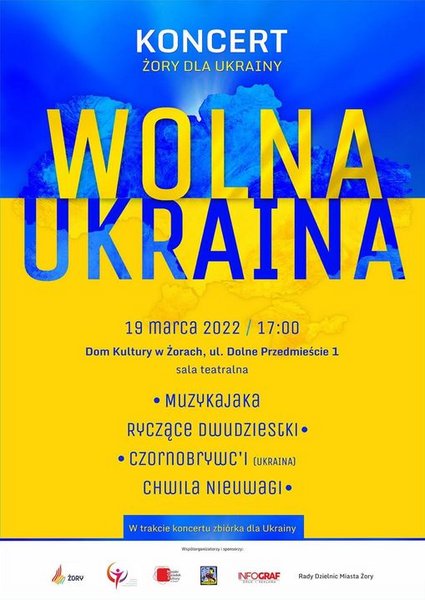 Plakat w barwach ukraińskiej flagi (żółto-niebieski) z informacjami zawartymi w tekście. 