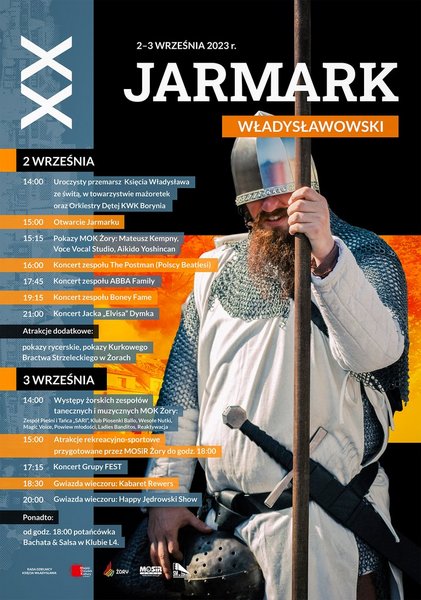 Plakat promujący 20 Jarmark Władysławowski z wizerunkiem rycerza w zbroi oraz programem imprezy, opisanym w tekście. 