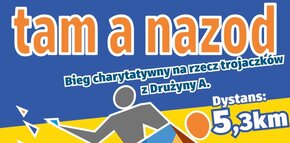 Plakat promujący zawody „Tam a nazod” z wizerunkami biegaczy oraz informacjami zawartymi w tekście 