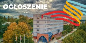 Na zdjęciu budynek Urzędu Miasta Żory przy al. Wojska Polskiego 25 z lotu ptaka oraz napis: Ogłoszenie