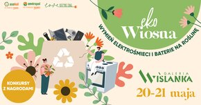 Grafika z napisem: Eko Wiosna – wymień elektrośmieci i baterie na roślinę. Poniżej grafika elektrośmieci wymieszanych z kwiatami. 