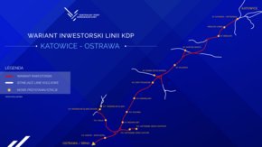 Wariant inwestorski linii kolei dużych prędkości Katowice-Ostrawa - rysunek poglądowy przygotowany przez CPK. 