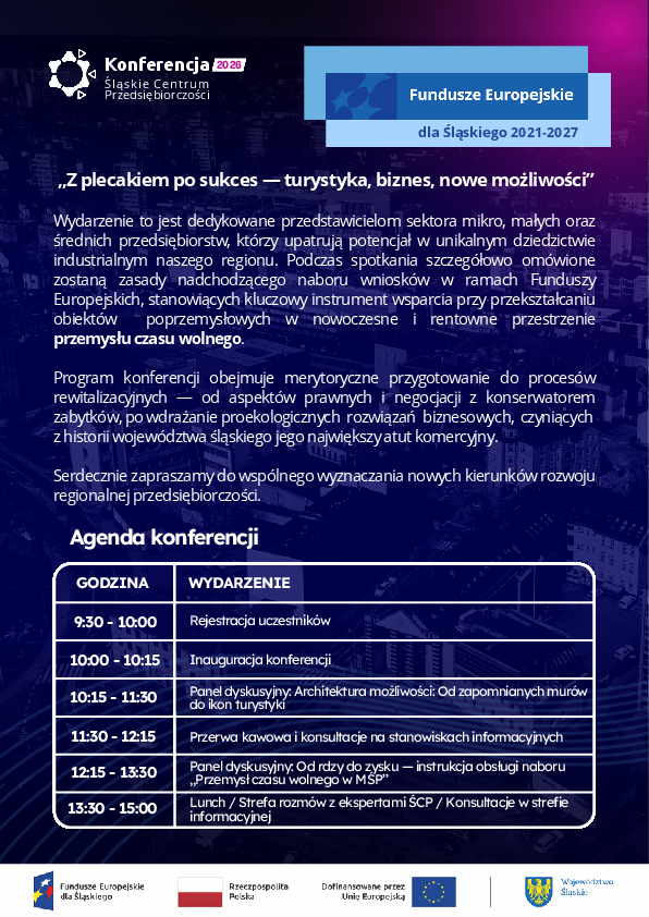 Plakat konferencji Śląskiego Centrum Przedsiębiorczości 2026 z agendą wydarzenia i informacją o Funduszach Europejskich dla Śląskiego 2021–2027