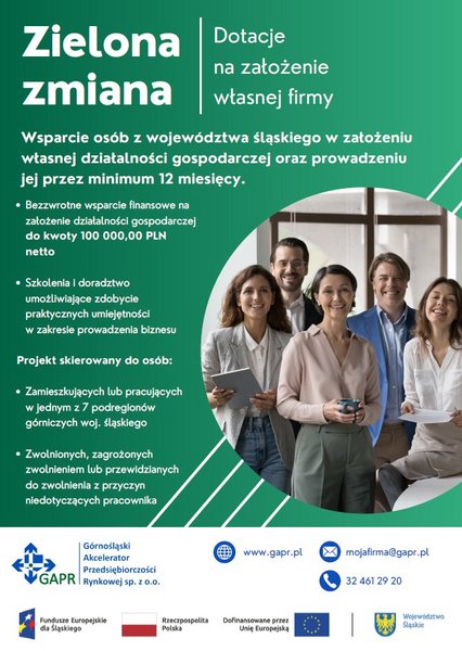 Na plakacie informacje zawarte w tekście na zielonym tle oraz zdjęcie grupy kobiet i mężczyzn