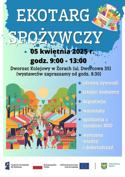 Plakat promujący Ekotarg na dworcu kolejowym z informacjami zawartymi w tekście 