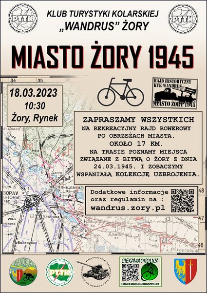 Plakat promujący historyczny rajd rowerowy „Miasto Żory 1945” z informacjami zawartymi w tekście. 