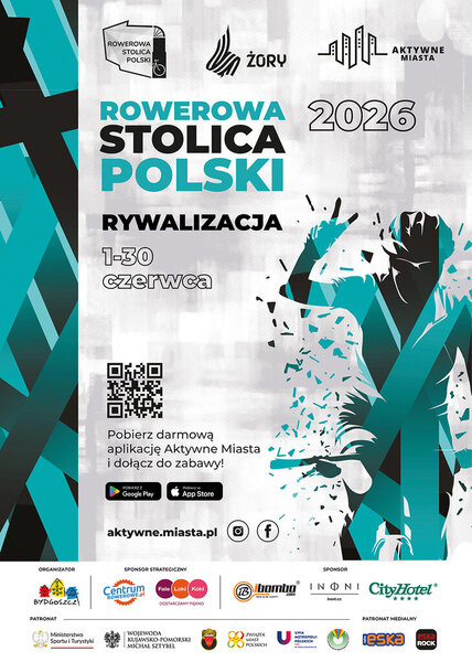 Plakat promujący rywalizację „Rowerowa Stolica Polski 2026” w Żorach, odbywającą się od 1 do 30 czerwca. Na grafice widoczne są logotypy organizatorów, kod QR do aplikacji Aktywne Miasta oraz dynamiczna czarno-turkusowa ilustracja osoby świętującej zwycięstwo.