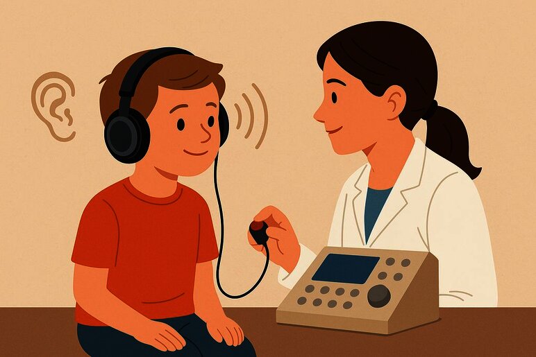 Ilustracja przedstawia chłopca w słuchawkach, który przechodzi badanie słuchu prowadzone przez audiolożkę obsługującą audiometr.