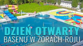 Grafika promującą Dzień Otwarty Basenu w Żorach-Roju w dniu 28.10.2023 r. od godz. 13:00. Na grafice zdjęcie basenu z kolorowymi atrakcjami.