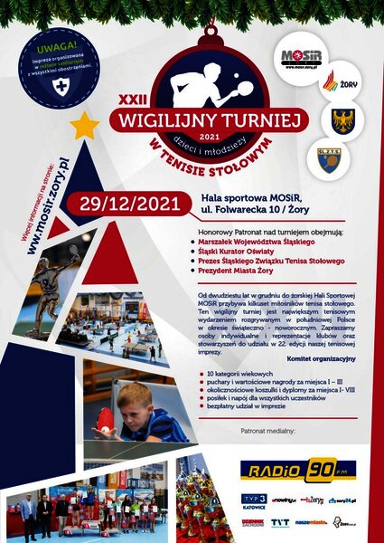 Plakat promujący Wigilijny Turniej Dzieci i Młodzieży w Tenisie Stołowym