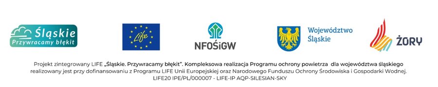 Na białym tle rząd logotypów instytucji: Śląskie „Przywracamy błękit”, program LIFE Unii Europejskiej, NFOŚiGW, Województwo Śląskie oraz Żory. Poniżej znajduje się tekst informujący o projekcie zintegrowanym LIFE „Śląskie. Przywracamy błękit”, dotyczącym realizacji programu ochrony powietrza w województwie śląskim, współfinansowanym przez Program LIFE UE i Narodowy Fundusz Ochrony Środowiska i Gospodarki Wodnej, wraz z numerem projektu.