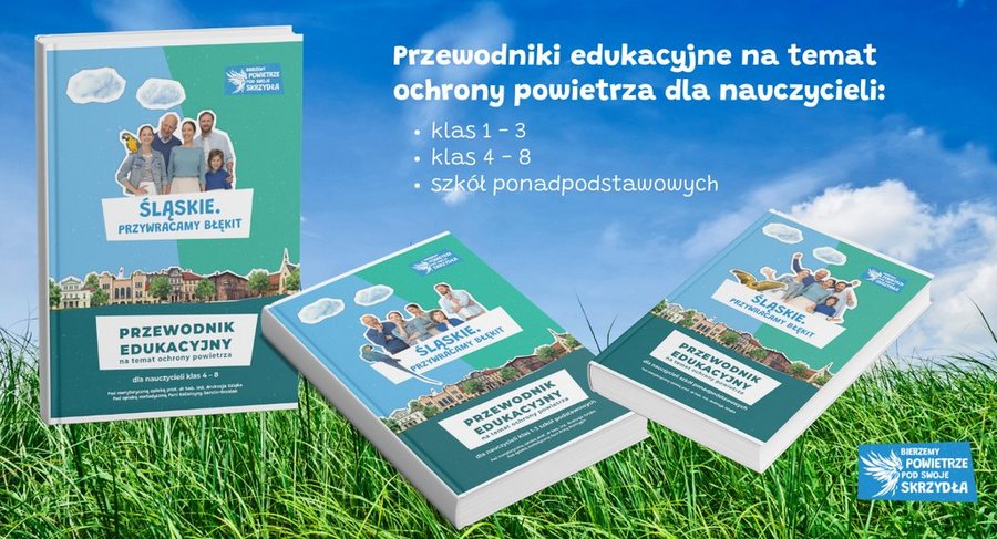 Grafika prezentująca okładki przewodników edukacyjnych nt. ochrony powietrza oraz logo projektu pn. „Śląskie. Przywracamy błękit”.