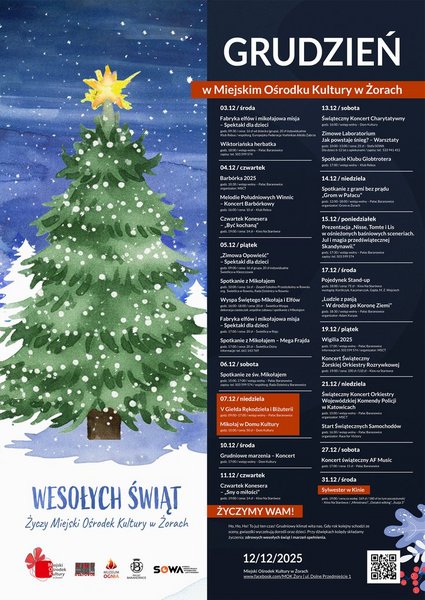 Na plakacie choinka na śniegu oraz informacje zawarte w tekście