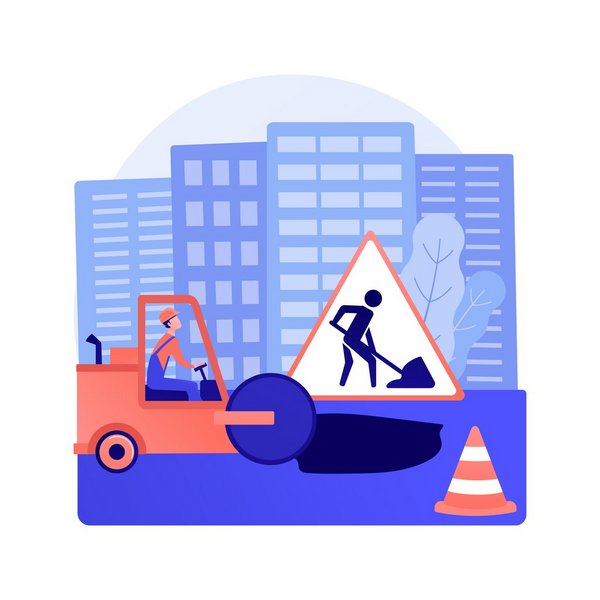Grafika: walec naprawiający dziurę w drodze oraz znak „roboty drogowe”