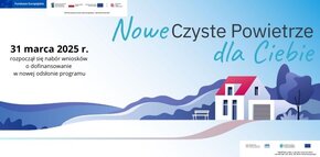 Ilustracja domu zimą, informacja o rozpoczęciu nowego naboru 31 marca 2025 r. w programie „Nowe Czyste Powietrze dla Ciebie”.