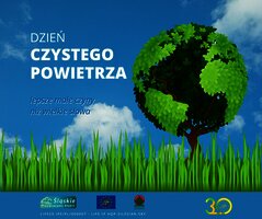 Grafika z napisem Dzień Czystego Powietrza oraz wizerunkiem drzewa układającego się w kształt planety Ziemi. 