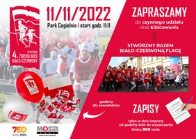 Plakat zapraszający na IV Żorski Bieg Biało-Czerwony w dniu 11.11.2022 godz. 11:11 Park Cegielnia. W tle zdjęcie biegaczy w biało-czerwonych strojach
