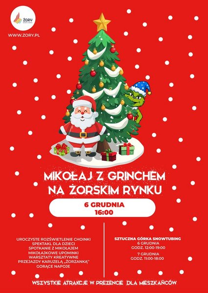 Plakat promujący Mikołajki na Rynku w Żorach z choinką, Mikołajem i postacią Grincha na czerwonym tle z informacjami w tekście