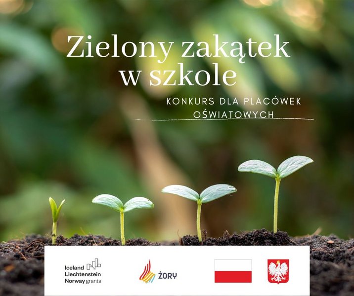 Grafika promująca konkurs "Zielony zakątek w szkole" z kiełkującymi roślinami oraz logotypami dot. dofinansowania z Mechanizmu Finansowego EOG 2014-2021 