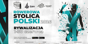 Plakat promujący akcję „Rowerowa Stolica Polski 2026” w Żorach – rywalizacja rowerowa odbywa się od 1 do 30 czerwca. Na grafice widnieje stylizowana sylwetka rowerzysty oraz logotypy organizatorów i sponsorów.