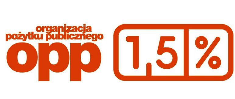 Logo kampanii 1,5% dla OPP – po lewej napis „organizacja pożytku publicznego opp”, po prawej ikona z cyfrą „1,5%” w pomarańczowej ramce.