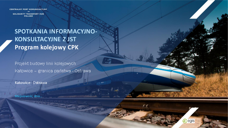 Grafika z szybkim pociągiem i napisem: spotkanie informacyjno-konsultacyjne z JST. Program kolejowy CPK. 