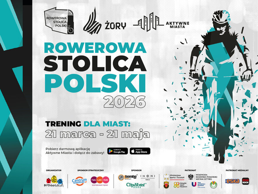 Plakat zawierający informacje zawarte w tekście oraz sylwetkę rowerzysty