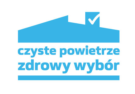 Niebieskie logo z napisem czyste powietrze zdrowy wybór