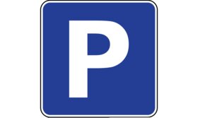Biała litera P na niebieskim tle – oznaczenie parkingu