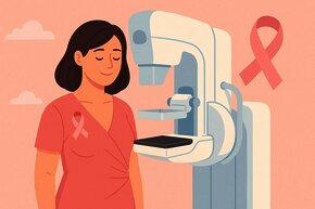 Ilustracja przedstawia uśmiechniętą kobietę w różowej bluzce z różową wstążką, stojącą obok aparatu do mammografii na tle w odcieniach różu z symboliczną różową wstążką i chmurkami w tle.