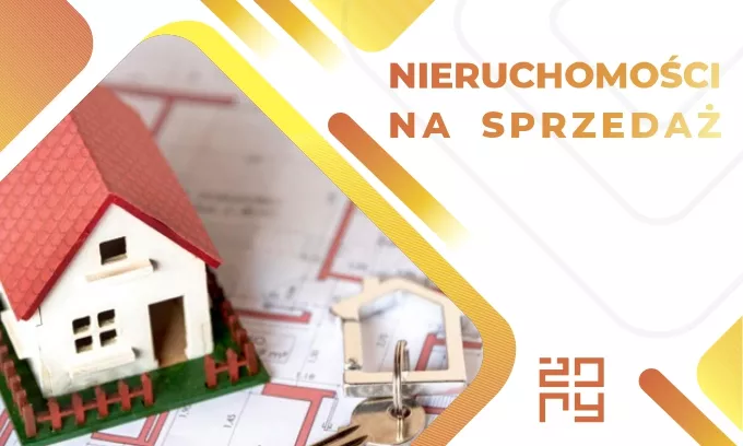 Grafika przedstawia dom, klucz, projekt architektoniczny oraz logo Żor i napis: "nieruchomości na sprzedaż"