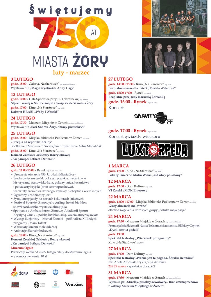 Plakat z informacjami o wszystkich wydarzeniach opisanych w tekście. Dodatkowo zdjęcia zespołów GraVity Off oraz Luxtorpeda. 