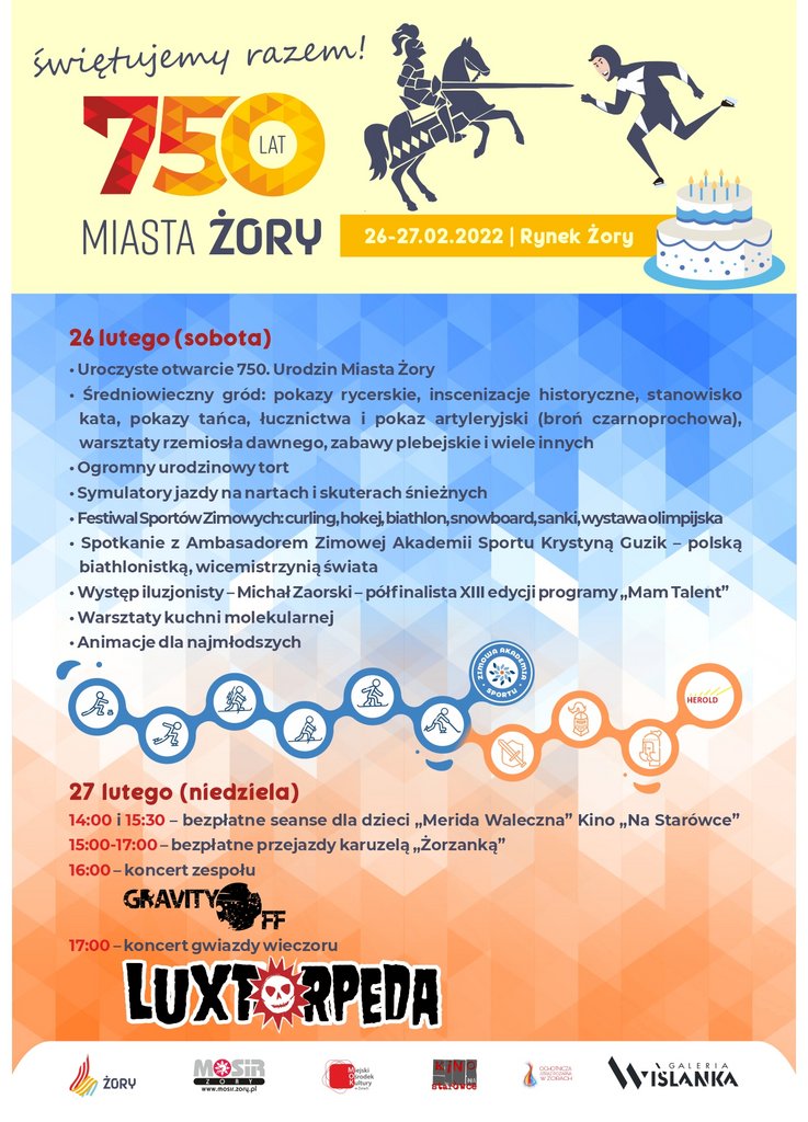 Plakat promujący Urodziny Miasta na Rynku. Zawiera grafiki rycerza, łyżwiarza oraz symbole sportów zimowych i zabaw średniowiecznych, a także informacje zawarte w tekście. 