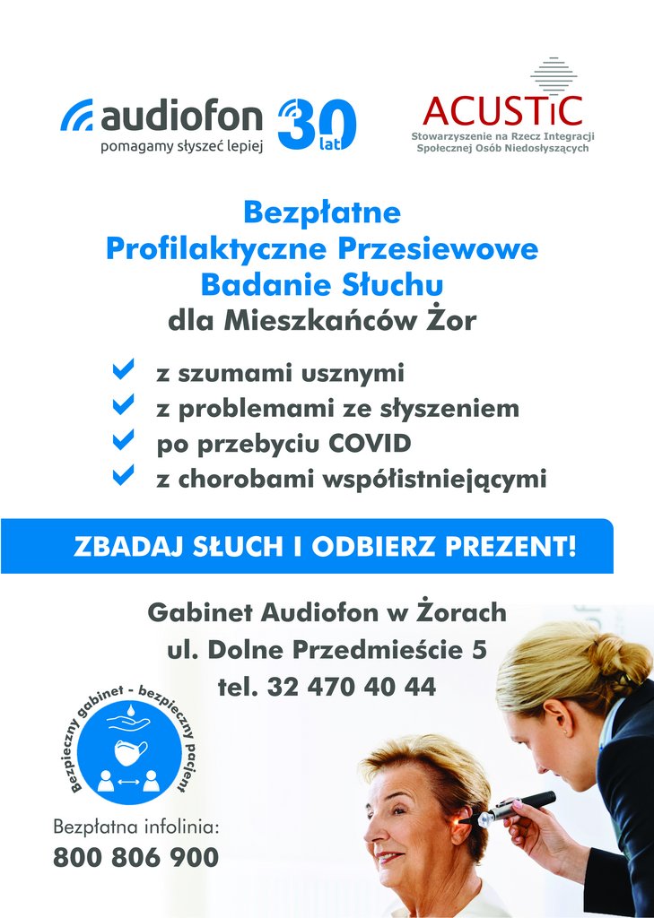 Plakat promujący bezplatne badania słuchu z informacjami zawartymi w tekście.