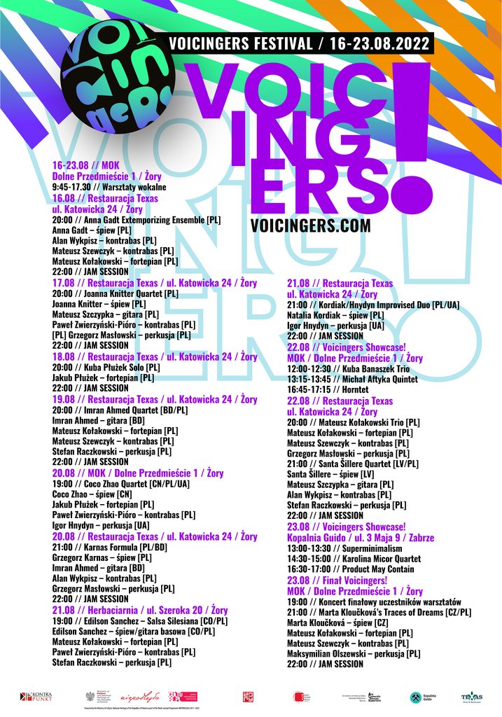 Plakat z logo festiwalu Voicingers oraz jego pełnym programem opisanym w tekście.