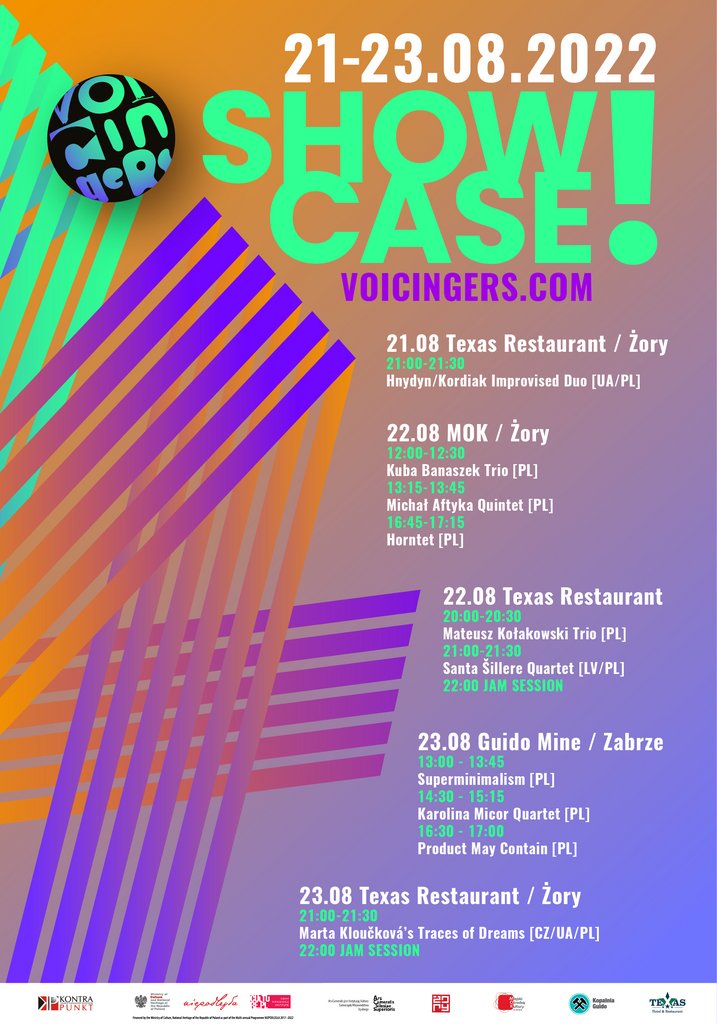 Plakat z logo Voicingers Showcase oraz programem wydarzenia, opisanym w tekście.