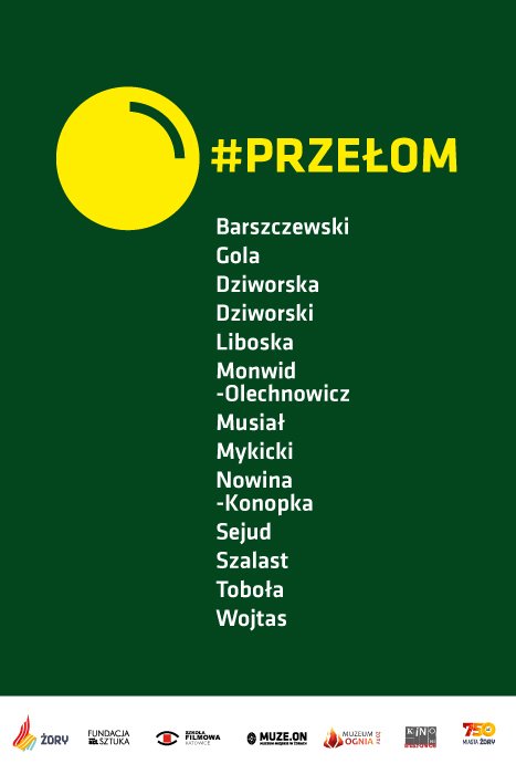 Zielony plakat z napisem: #PRZEŁOM, nazwiskami wszystkich autorów wymienionych w tekście oraz logotypami organizatorów i partnerów